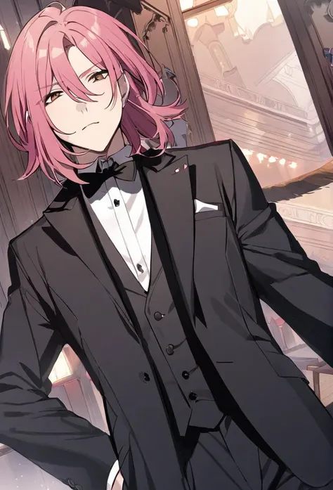 guy, pink hair, brown eyes, medium length hair, black tuxedo, black suit