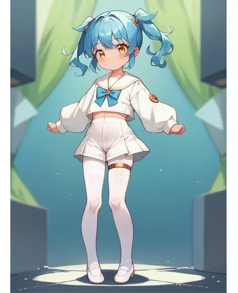 Masterpiece level, highest quality, little loli, white sailor suit, small leather shoes, double ponytail, seated, full body, ((cute), sexy, long blue hair, large,  (thighband pantyhose, white pantyhose: 1.3), miniskirt, (textured skin, anatomically correct...