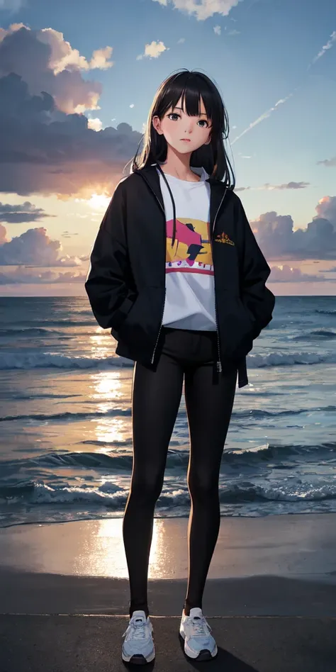 1 teenager watching the sunset in black pants and a white sweatshirt