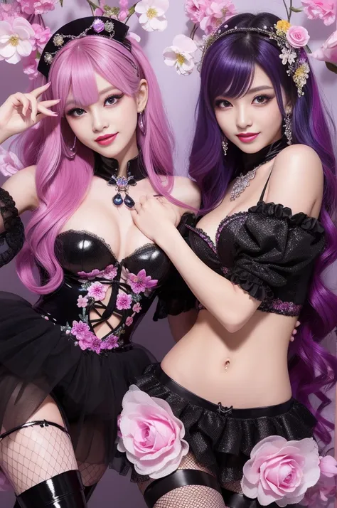 beautiful sexy model who controls poison、beautiful smile、lipgloss、long lashes、intense makeup、look at the camera、full body Esbian、、sparkling poisoned flower costume、、、、shiny sparkling multicolor hair、secrete poison、skull hair accessories、fishnet tights、shin...