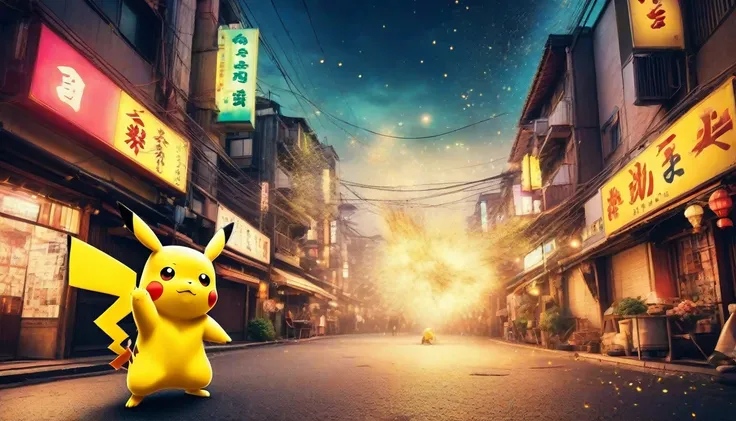 A powerfull colorful old Japanese city street at night, moody atmosphere, A beautiful Pikachu, wearing colorful hip-hop clothes, dancing on a old Japanese city street,, glittering particles in the air, color dust exploding in the air, some sky in the shot,...