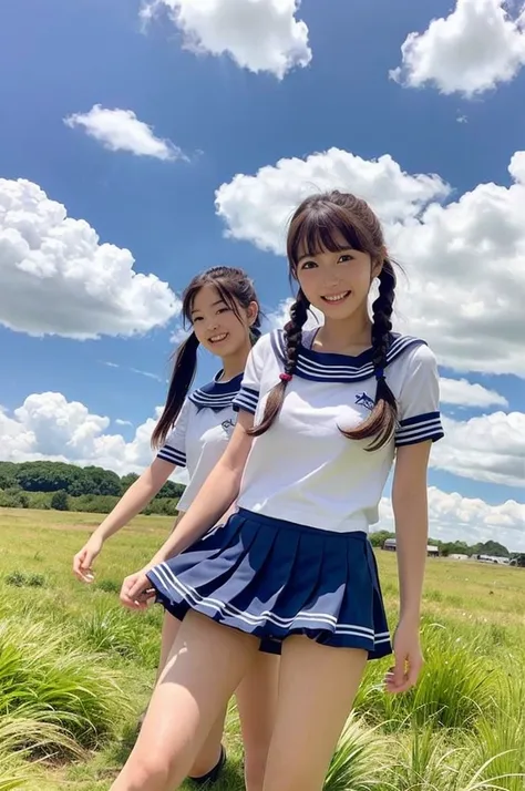 girls standing in windy rural field,large cumulonimbus cloud in summer blue sky,white sailor shirt,navy blue pleated skirt fluttering up in wind,white panties showing,18-year-old,bangs,a little smile,thighs,knees,short hair with low pigtails bunches blowin...