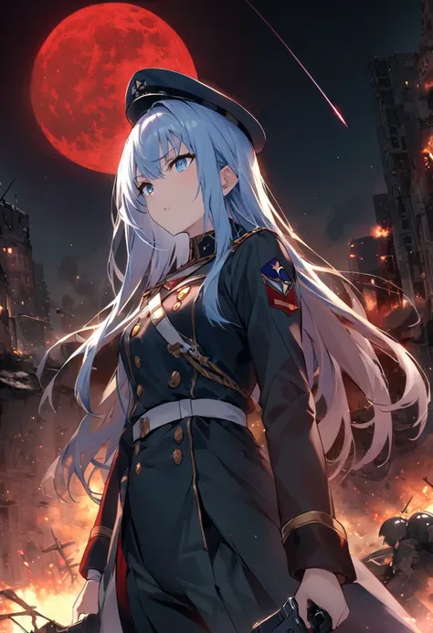 Facing forward　girl　Military uniforms with a white base and some black　Spectacular Background　A shooting star is falling　Beautiful night view　　　She is on the right　On the left you can see the destroyed city.　He has a gun　　　服にはplaneが描かれています　背景の上部にはFighterが飛...