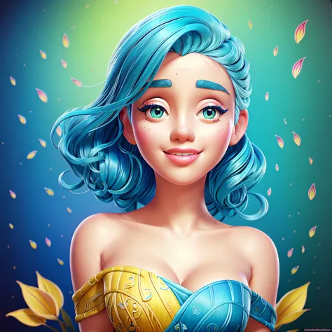 detailed portrait of a beautiful woman with blue hair, yellow skin, blue dress in Marilyn Monroe style, intricate hyper detailed botanical elements, line art, digital illustration, thick impasto paint texture, maximalist botanicals, aesthetically pleasing ...