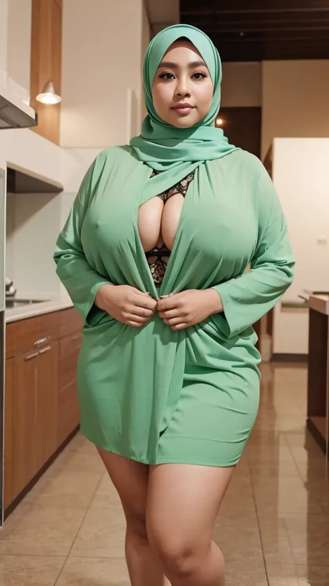 1 Indonesian girl, modern plain hijab, shy, medium portrait, watery eyes, wearing pastel green kebaya, ((big breasts)), black bokeh background, well-proportioned body,, chubby massive thighs, full body pose, Hena art on the body, hena art the face, full bo...