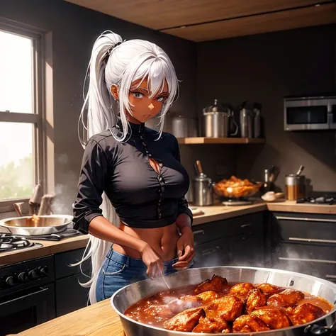 A dark-skinned woman with silver hair in a ponytail, Wearing a black dress shirt and slim jeans, Making spices.　Showing your belly button　Indian traditional clothing　Tandoori kettle　Tandoori Chicken