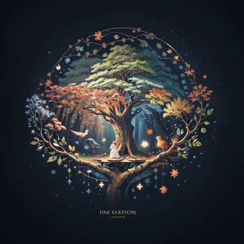 circular tree,four seasons,spring,summer,autumn,winter,leaves,roots,branches,trunk,ornate border,decorative,digital illustration,artwork,movement,time,swirling background,dark background,vibrant colors,natural,life cycle,growth,change,nature,life,peace,har...