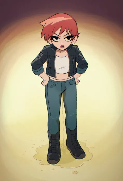 ((1girl, solo)), pixie cut, red hair, short hair, blue eyes, red lipstick, hands on hips, standing, full body, black leather jacket, white crop top, blue jeans, black boots, ((wetting self, pee stains, yellow puddle))