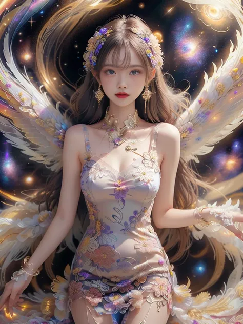 4K Ultra HD, masterpiece, girl, Nice face, Fine grain, Detailed lips,(((Whitening 1.5))) Flower fairy girl, Big Wings, Transparent feathers, Neon Light, (Galaxy Background:1.5), (Floral Dress:1.8), (White Dress:1.5), In heaven,A gentle smile、