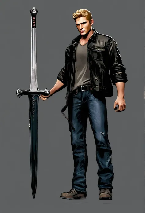 Make concepts art para um filme do dean winchesters blonde ,with black clotes and jeans,and torn,he is bleeding,and holding a sword!