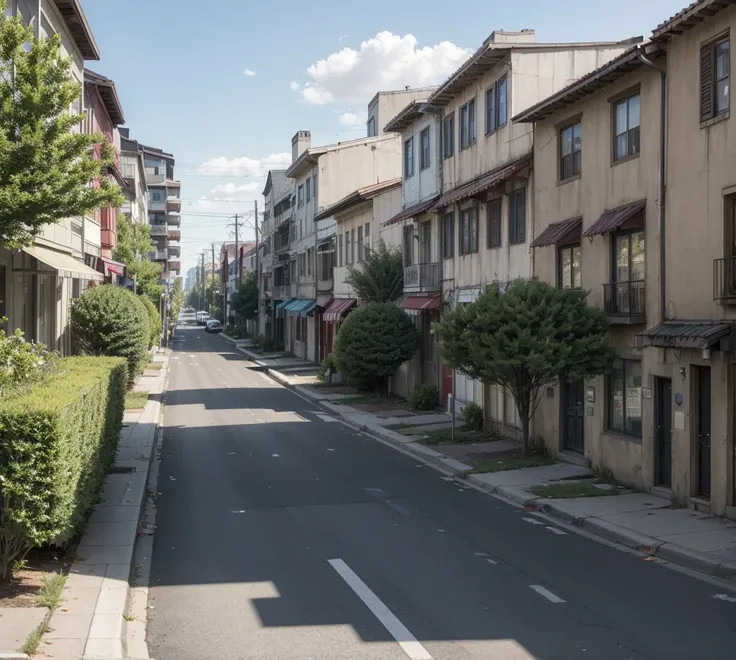 ((best qualityer)), (detailded), a central avenue in the center of the image, on the sides of buildings and houses, some trees on the sidewalk, ((no vehicles present)), Zombies Attack, Light-skinned zombies, open wounds