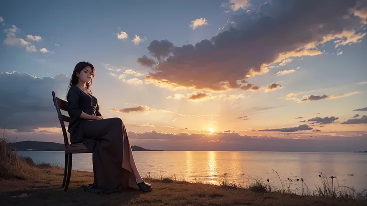 A photo of a beautiful girl sitting on a chair, gazing at the sky with a sad expression. The surroundings are calm and melancholic, with the soft light of the sunset adding a dramatic touch to the image. The background features a vast sky with thin clouds,...