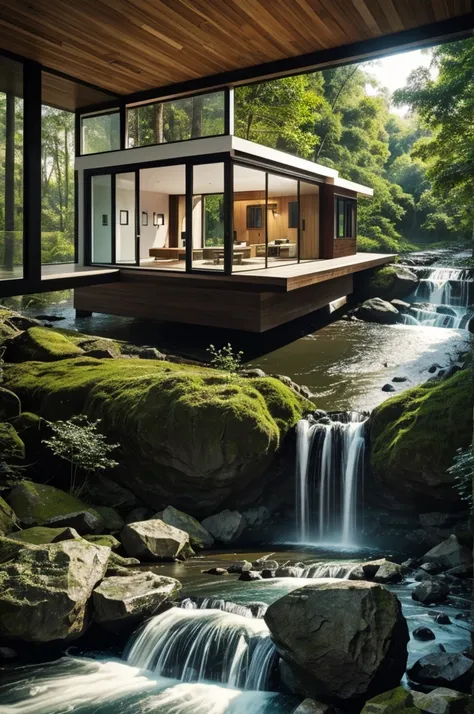 Wooden house with square white and black glass windows in front of a river and a waterfall located in the forest, sketch in vivid and realistic colors