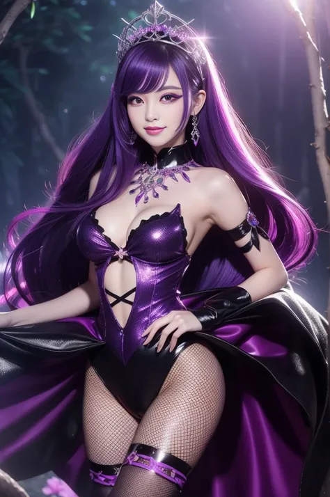 sexy stylish female who controls poison、beautiful smile、lipgloss、long lashes、intense makeup、look at the camera、full body Esbian、、sparkling poisoned flower costume (purple)、、、、shiny sparkling multicolor hair、secrete poison、skull hair accessories、fishnet tig...