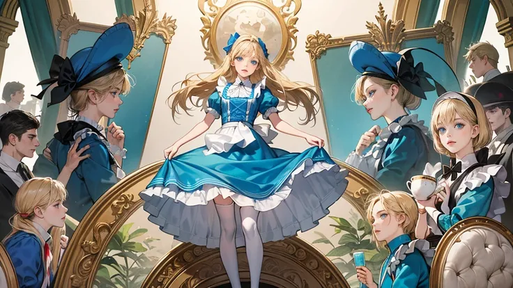 masterpiece, Highest quality, Portraiture, 1 Girl, (Alice in Wonderland:1.2), Blue clothes, White apron, Blonde, blue eyes, Usagi, Trump, Tea cup, White lace thigh high socks, Miniskirt lift, Half Body, Dynamic pose