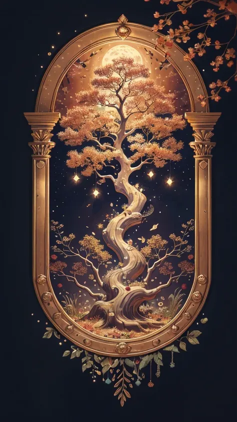 circular tree,four seasons,spring,summer,autumn,winter,leaves,roots,branches,trunk,ornate border,decorative,digital illustration,artwork,movement,time,swirling background,dark background,vibrant colors,natural,life cycle,growth,change,nature,life,peace,har...