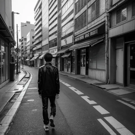 Image taken from a cartoon about a sad man walking down a deserted street., Black and White Manga Panel, black and white Manga page, in manga format, Black and white manga drawings, In manga form, Manga page, black and white manga style, manga panel, detai...