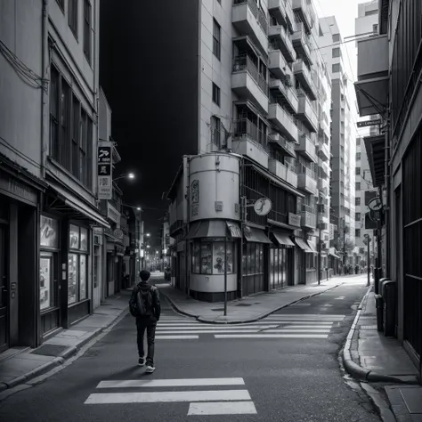 Image taken from a cartoon about a sad man walking down a deserted street., Black and White Manga Panel, black and white Manga page, in manga format, Black and white manga drawings, In manga form, Manga page, black and white manga style, manga panel, detai...