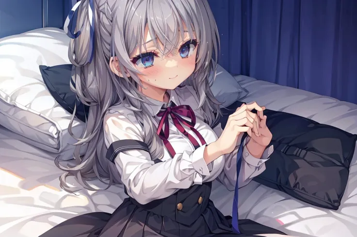 Lying down,Face close up,Blushing,smile, Looking at the audience, bed,Hair between the eyes, Blue jewel-like eyes, Gray Hair, Hair length, ribbon, ヘアribbon, uniform, Pleated skirt, White shirt, Black Skirt, Short sleeve,Plump thighs,Simple Background,Best ...