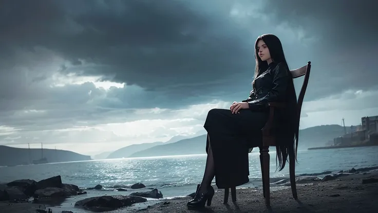 A photo of a beautiful girl sitting on a chair, looking at the sky with a dark, somber atmosphere. The surroundings are shadowy and moody, with deep, dramatic lighting adding to the intensity of the scene. The background features a dark sky with heavy clou...