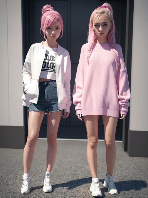 2 girl, 3D rendering, pink  hair, Trendy clothes, Headshots with vagina showing