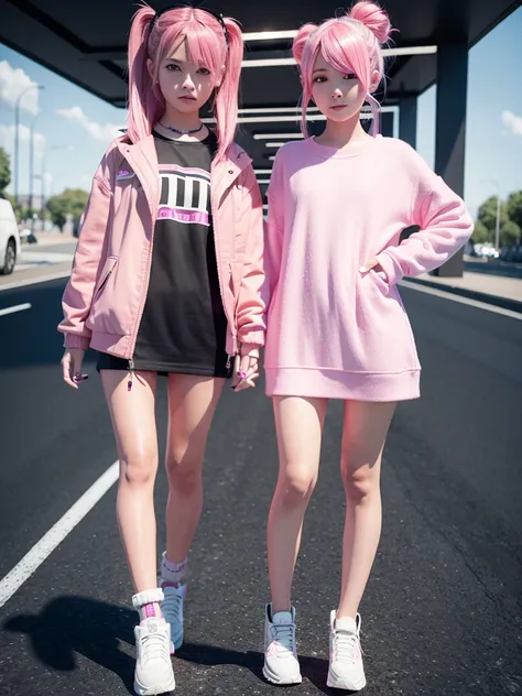 2 girl, 3D rendering, pink  hair, Trendy clothes, Headshots with vagina showing