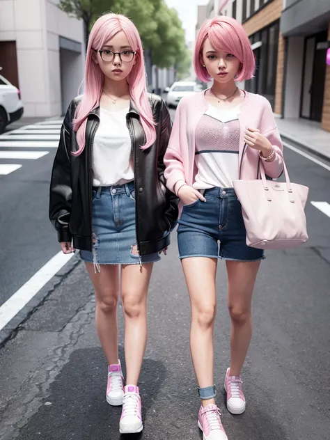 2 girl, 3D rendering, pink  hair, Trendy clothes, Headshots with vagina showing