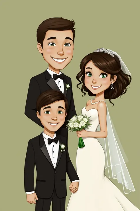 Cartoon of a wedding couple. The bride is short, very thin build, big brown eyes, brown hair with blonde highlights. He has a big smile. The groom is tall., chubby, green eyes and black hair. 