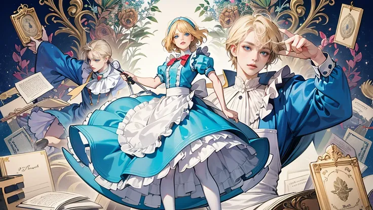 masterpiece, Highest quality, Portraiture, 1 Girl, (Alice in Wonderland:1.2), Blue clothes, White apron, Blonde, blue eyes, Usagi, Trump, Tea cup, White lace thigh high socks, Miniskirt lift, Half Body, Dynamic pose