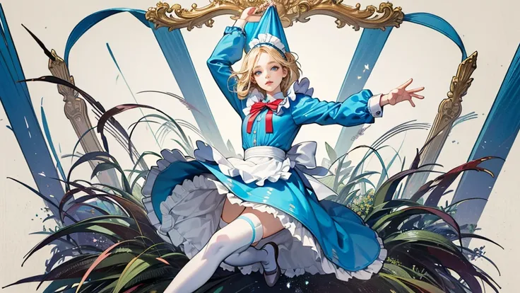 masterpiece, Highest quality, Portraiture, 1 Girl, (Alice in Wonderland:1.2), Blue clothes, White apron, Blonde, blue eyes, Usagi, Trump, Tea cup, White lace thigh high socks, Miniskirt lift, Half Body, Dynamic pose