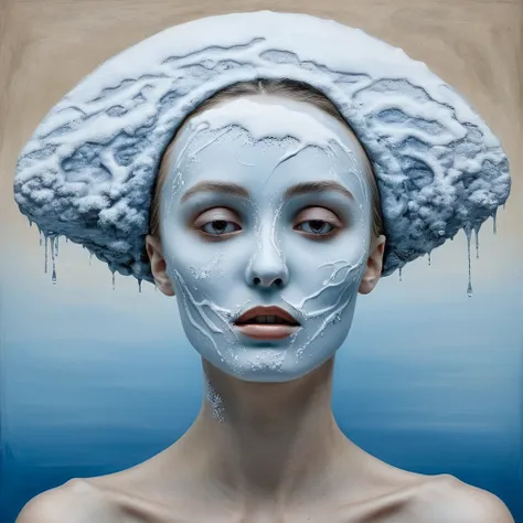 salvador dalí style surreal painting of a woman with a winter theme.,subtle colors, minimalist, weak,