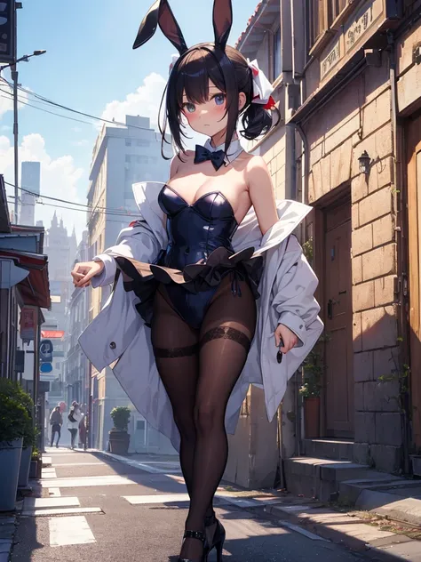 misakiao, 1girl, masterpiece, highly detailed, absurdres, illustration, game cg, solo, hair ribbon, looking at viewer, blush, city street, (bunny), bunny ears, strapless leotard, detached collar, pantyhose, high heels, standing