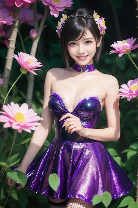 sexy stylish Thai model who controls poison、beautiful smile、lipgloss、long lashes、dramatic makeup、look at the camera、full body Esbian、、sparkling poisoned enchanted lucid flower costume with flowers、、、、shiny sparkling colorful short hair、secrete poison、skull...