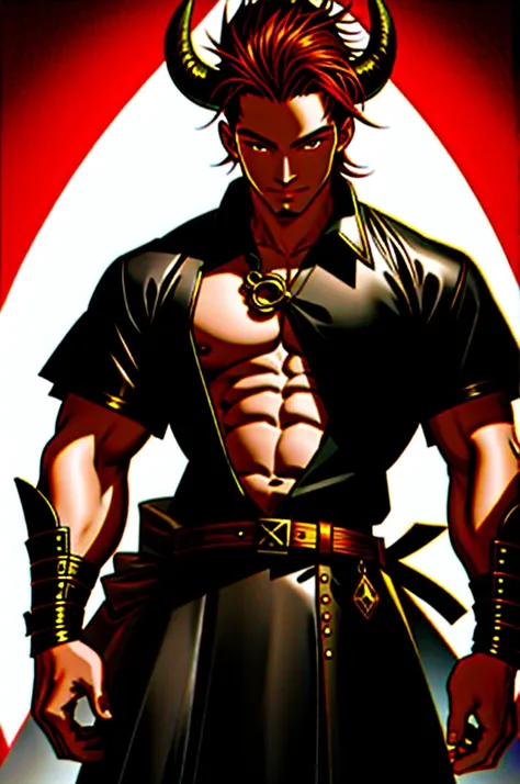 beste-Qualit, tmasterpiece, extra high resolution, Detailed, realisti, masculine, brown Skin, demon, horns that grow out of his forehead, left iris gold colored, right eye has eyepatch over it, ((right arm mechanical with silver metal)), muscular, brown sk...