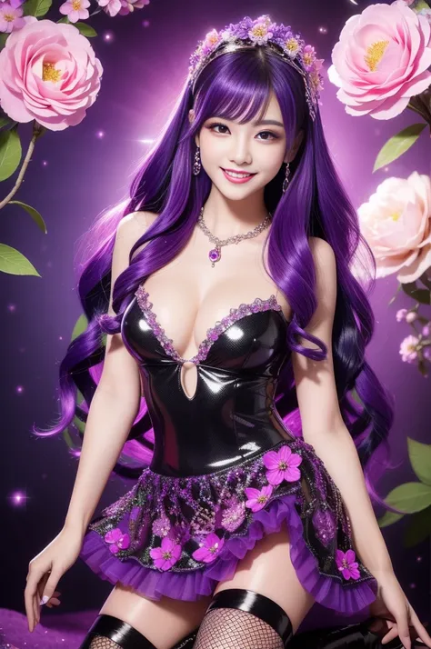 beautiful sexy model who controls poison、beautiful smile、lipgloss、long lashes、intense makeup、look at the camera、full body Esbian、、sparkling poisoned flower costume、、、、shiny sparkling multicolor hair、secrete poison、skull hair accessories、fishnet tights、shin...