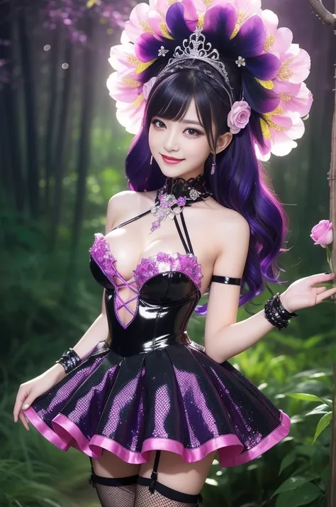 sexy stylish princess who controls poison、beautiful smile、lipgloss、long lashes、intense makeup、look at the camera、full body Esbian、、sparkling poisoned flower costume、、、、shiny sparkling multicolor hair、secrete poison、skull hair accessories、fishnet tights、shi...