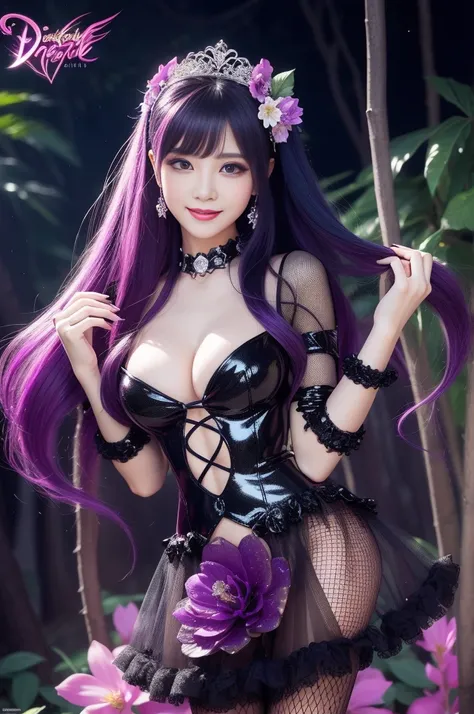 sexy stylish female who controls poison、beautiful smile、lipgloss、long lashes、dramatic makeup、look at the camera、full body Esbian、、sparkling poisoned enchanted flower costume、、、、shiny sparkling multicolor hair、secrete poison、skull hair accessories、fishnet t...