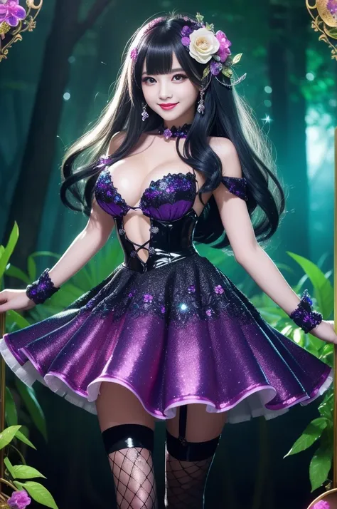 sexy stylish female who controls poison、beautiful smile、lipgloss、long lashes、dramatic makeup、look at the camera、full body Esbian、、sparkling poisoned enchanted flower costume、、、、shiny sparkling multicolor hair、secrete poison、skull hair accessories、fishnet t...