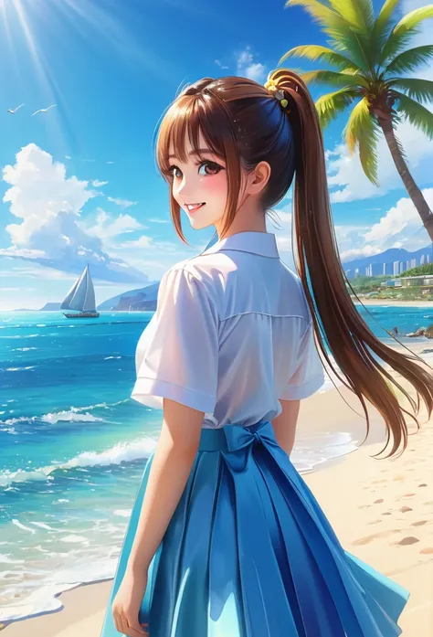 Sparkling sea and tropical ocean, Sunny sky with fluffy white clouds, Palm trees along the coast, Blur the background,Pleasant sea breeze,High school girls,ponytail,smile,Glitter effect,highest quality, 4K, 8K, High resolution, masterpiece:1.2, Very detail...