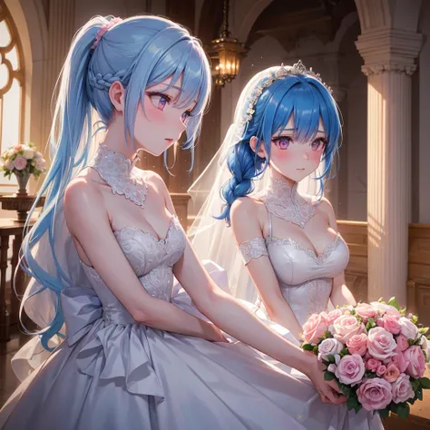 Sky blue hair, (Braided Ponytail),(Pink Eyes),Fair skin ,(whole body),(1 Girl),bride,blush,Straight bangs, 6月のbride,Wedding dress,(masterpiece, Highest quality, Very detailed, Best Shadow), (Detailed Background), (Beautifully detailed face), High Contrast,...