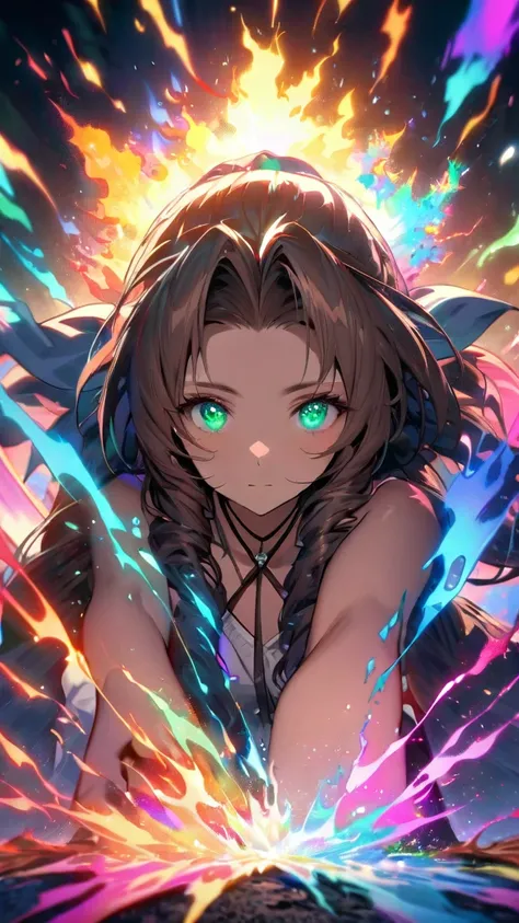 Symetrical,absurdres, highres, ultra detailed, HDR, masterpiece, extremely detailed face and eyes, aerith gainsborough ,final fantasy 7, , , solo, women , beautiful, ,, , beautiful pose scene,colorful flowers effect, colorful lightning effect,glowing glitt...