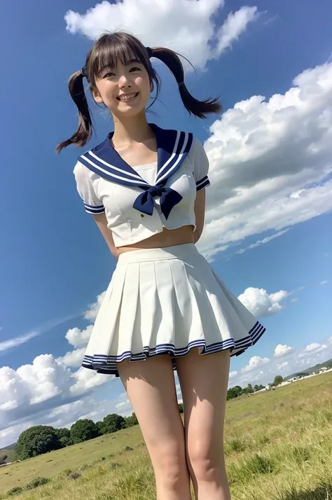 girl standing in windy rural field,large cumulonimbus cloud in summer blue sky,white sailor shirt,navy blue pleated skirt fluttering up in wind,white thong showing,18-year-old,bangs,a little smile,thighs,knees,short hair with low pigtails bunches blowing i...