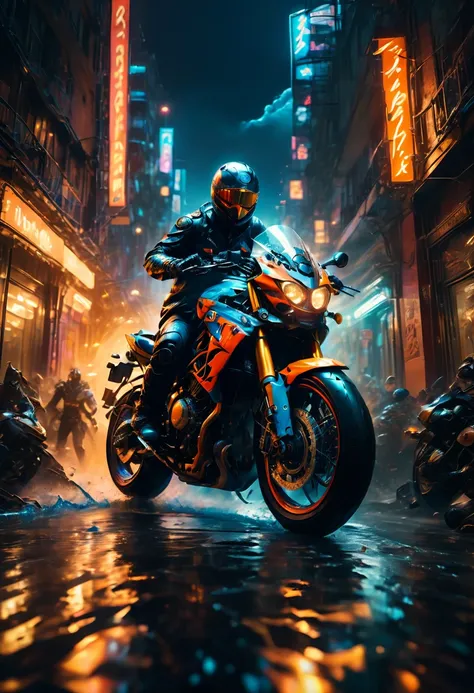 Motorcycle, rider, full body, by Jason_Chan, dramatic composition, cinematic dynamic action scene, vibrant colors, cinematic lighting, dramatic lighting, best quality, masterpiece, very aesthetic, perfect composition, intricate details, ultra-detailed