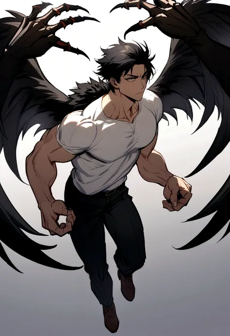 A man with a muscular physique, short black hair, dark eyes, sharp features, wears a white shirt with short sleeves, black pants, brown shoes, black wings on his back and raven claw hands