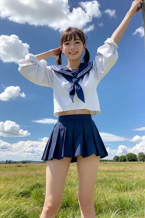 girl standing in windy rural field,large cumulonimbus cloud in summer blue sky,white sailor shirt,navy blue pleated skirt flipping up in wind,white thong showing,18-year-old,bangs,a little smile,thighs,knees,short hair with low pigtails bunches blowing in ...