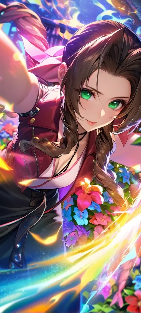 Symetrical,absurdres, highres, ultra detailed, HDR, masterpiece, extremely detailed face and eyes, aerith gainsborough ,final fantasy 7, , , solo, women , beautiful, ,, , beautiful pose scene,colorful flowers effect, colorful lightning effect,glowing glitt...