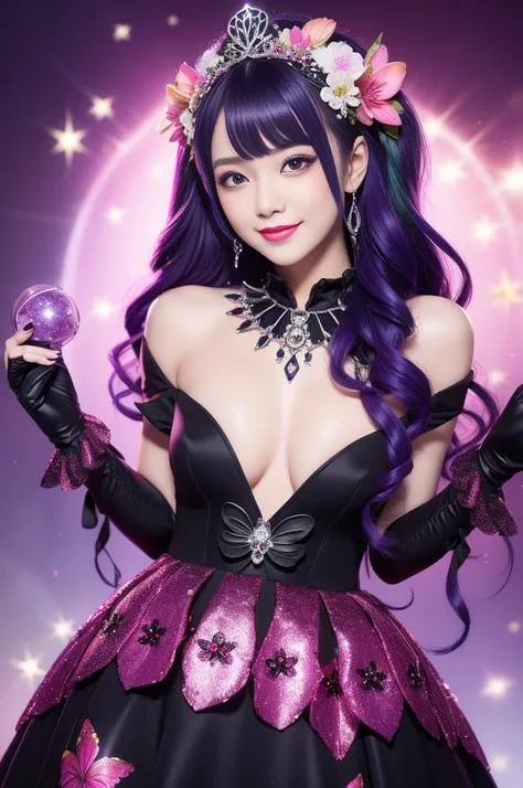 beautiful sexy woman who controls poison、beautiful smile、lipgloss、professional makeup、full body Esbian、、sparkling poisoned flower costume、、、、sparkling Colorful hair、secrete poison、skull hair accessories schnet tights、flowers background