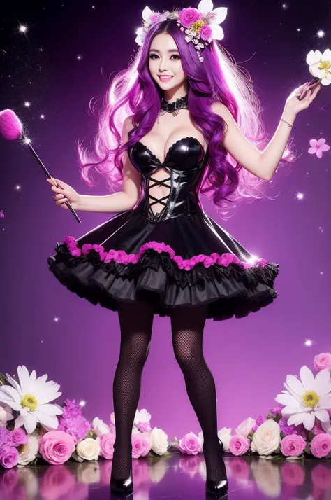 beautiful sexy woman who controls poison、beautiful smile、lipgloss、professional makeup、full body Esbian、、sparkling poisoned flower costume、、、、sparkling Colorful hair、secrete poison、skull hair accessories schnet tights、flowers background