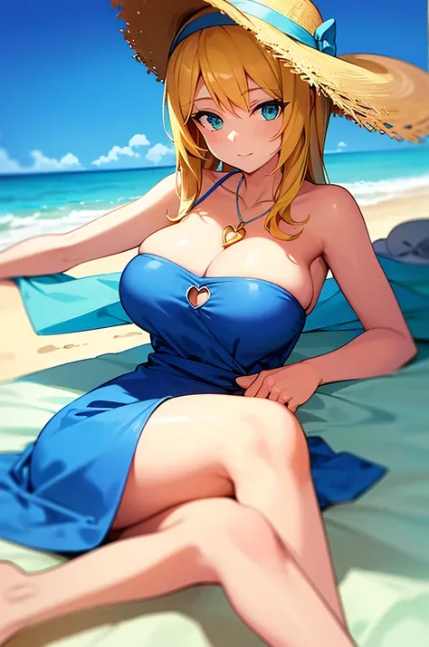 Content:
A cartoon picture of a woman with blonde hair and green eyes. She is wearing a sun hat and a revealing blue dress, showcasing her large breasts and cleavage. She has a blue heart necklace around her neck. She is laying on a beach.

Medium:
Digital...