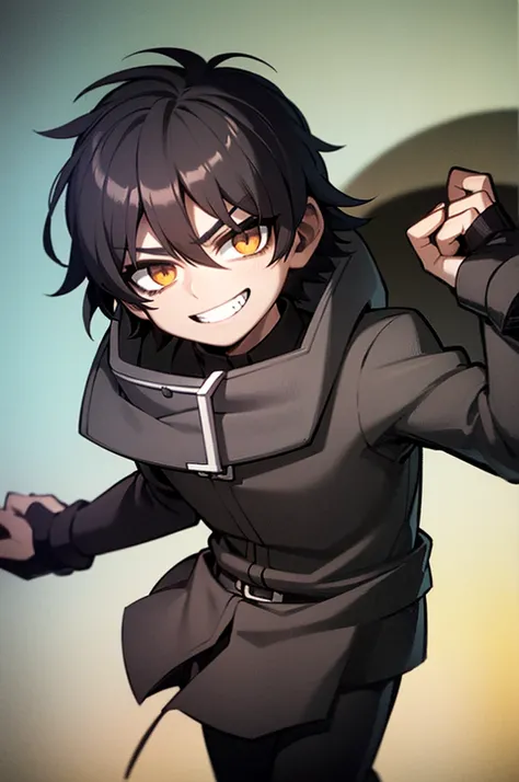 boy with confident look intimidating smile, in over all black clothes brown eyes straight black hair with an iron arm and a black and white mask on half of the face